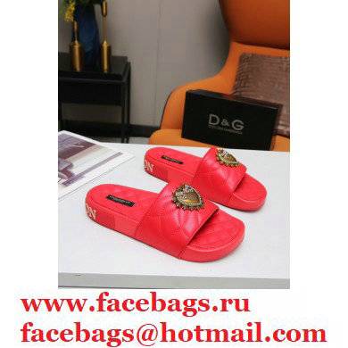Dolce  &  Gabbana Matelasse Leather Beachwear Sliders Red with Devotion Heart 2021
